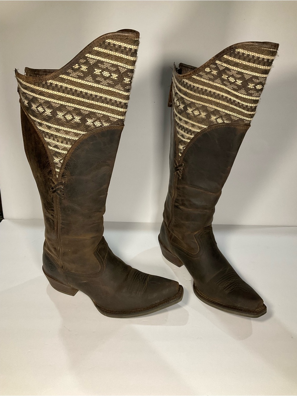 Ariat Brown Leather Tall Western Boots with Cream Patterned Shaft